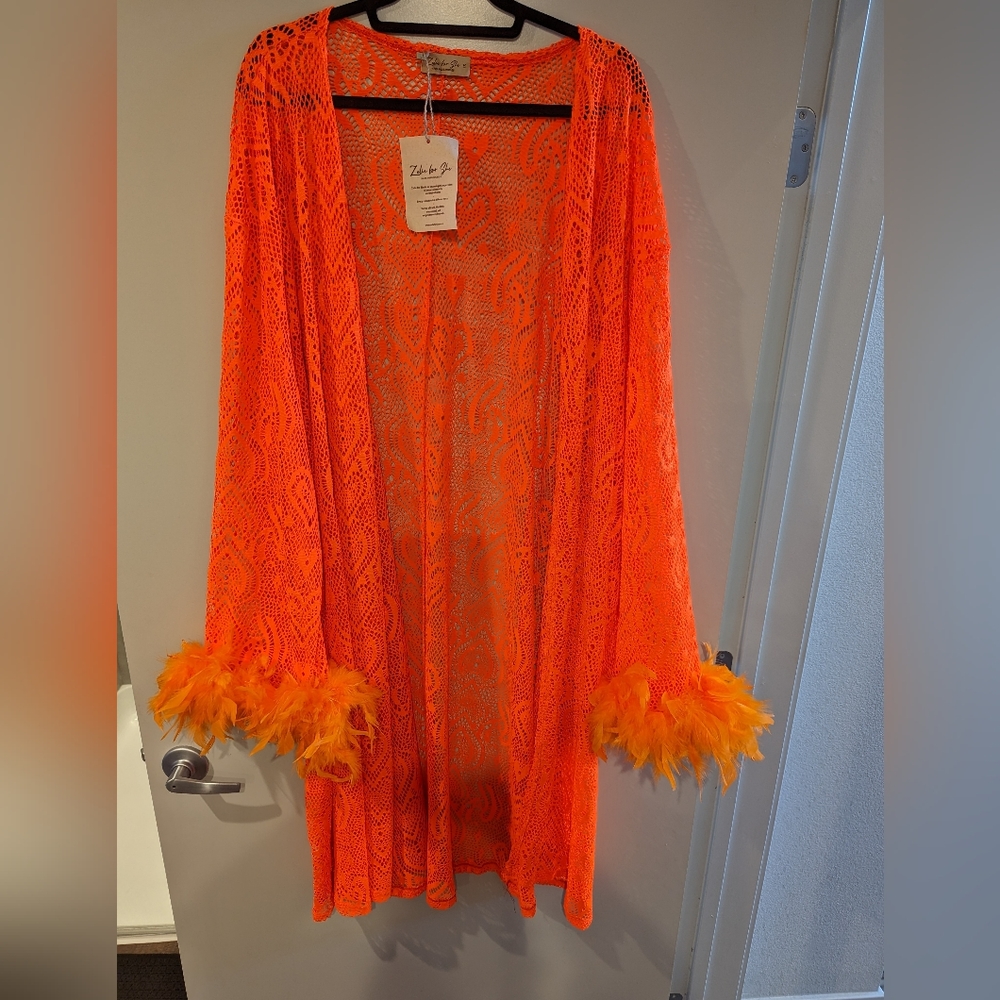 NWT Zelie for She feather trimmed, orange lace/crochet duster Fit Large to 4X